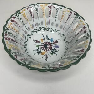 Vtg Horchow Collection Hand Painted Portugal Reticulated Bowl Pierced Faience
